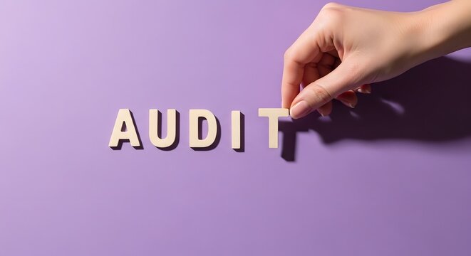 Audit process concept with hand placing wooden letter blocks on purple background