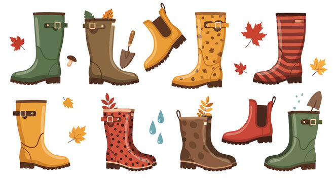 Collection of Autumnal Rubber Boots and Gardening Tools.