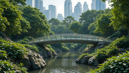 Fototapeta premium Serene city park with a glass bridge over a pond surrounded by lush greenery and skyscrapers in the background on a sunny day