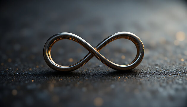 A shiny metal infinity symbol on a dark textured surface with golden specks