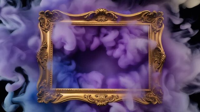 Surreal ornate golden picture frame floating amidst vibrant purple wisteria flowers in dreamlike fantasy painting style with empty center