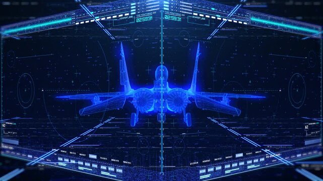 Futuristic AI Technology Displaying Holographic 3D Wireframe Blueprint of Autonomous Jet Fighter. Aircraft Identification, Radar Scanning Interface, and HUD Missile Analyze Animation. 4K Loop