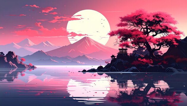 Glitch Horizon- -A traditional Japanese ink wash landscape (Sumi-e) depict 