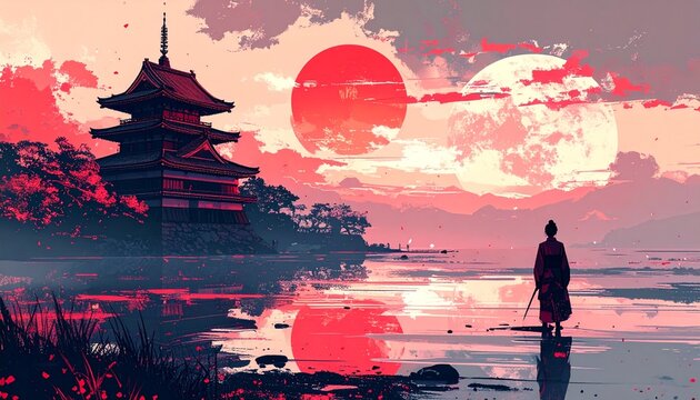 Glitch Horizon- -A traditional Japanese ink wash landscape (Sumi-e) depict 