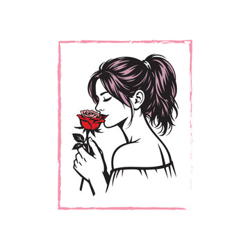 Elegant black and white line art of a woman with ponytail holding and smelling a red rose, minimalist vector illustration with pink frame accent.