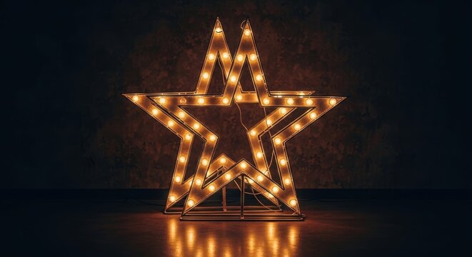 Bright golden star made of string lights against a dark background illuminated