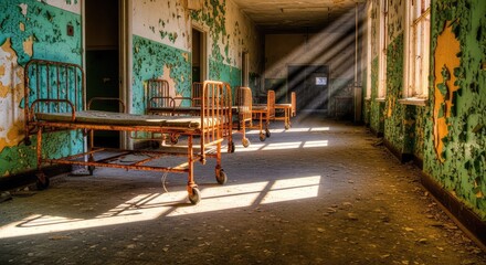Obraz premium A decaying hallway in a forgotten hospital features peeling paint, rusted gurney beds, and eerie shadows stretching across the dusty floor, urbex, hallway, institution
