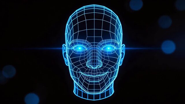Blue wireframe human head on black