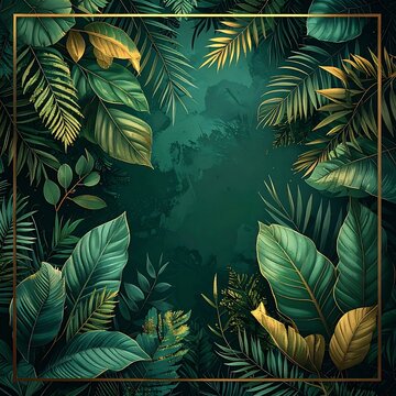 Tropical leaves background with gold frame.