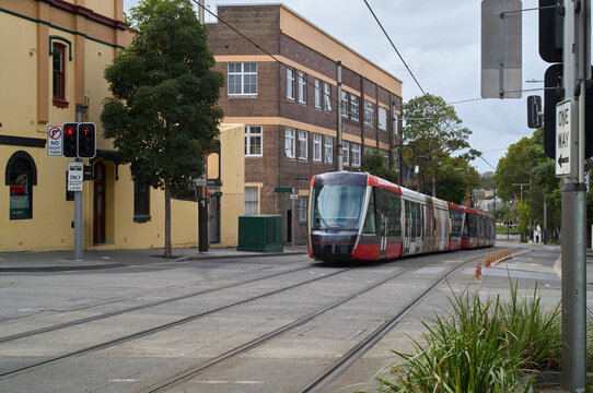 Light Rail Tram Travels Down the Street in Surrey Hills, Sydney