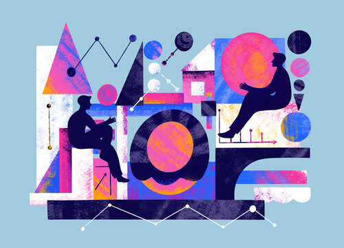 Artistic design showing two figures with geometric shapes