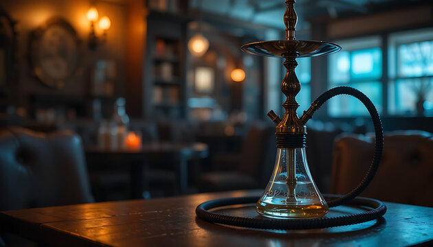 A hookah sits on a table in a dimly lit lounge with comfortable seating and warm lighting ambiance in the background