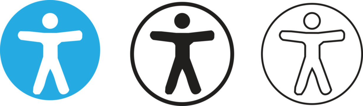Accessibility icon set with human figure in circle, universal design symbols for inclusion, blue and black disability access vector icons