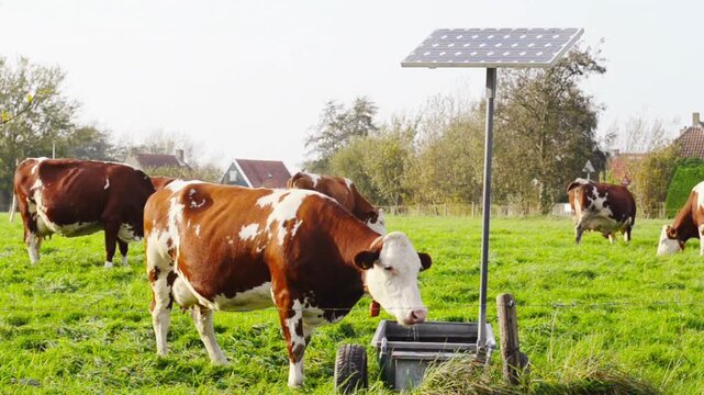Cows eating from a gray trough under a solar panel in a green field