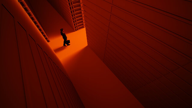 Businessman walks through data servers with briefcase in hand