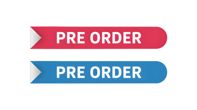 Pre Order Sale Banner with Red and Blue Ribbon Design on White Background