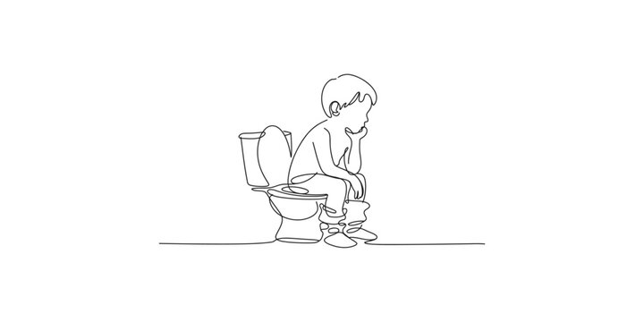 A young boy sitting on a toilet looking stressed or constipated in a continuous line drawing style