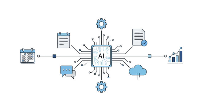 Central processor unit linking diverse digital elements like calendars documents cloud storage and analytics charts symbolizing artificial intelligence technology integration for business growth