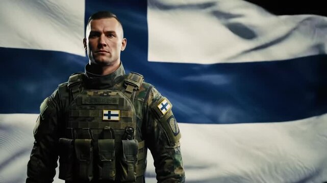 Resolute soldier standing with national flag backdrop showcasing patriotism and military strength