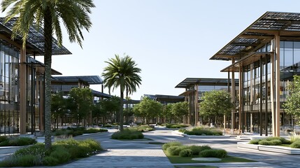 Fototapeta premium sustainable business park designed around circular economy principles, recycled materials, solar canopies