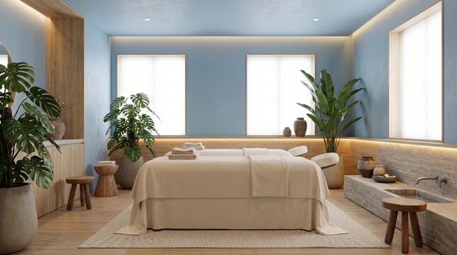 Serene spa room with massage beds and lush green plants for relaxation and wellness