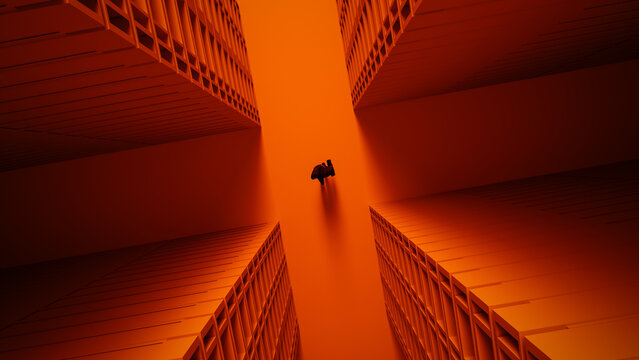 Businessman walks through data servers with briefcase in hand