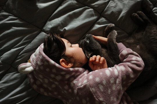 Child and Cat Resting Together in a Cozy Bedroom