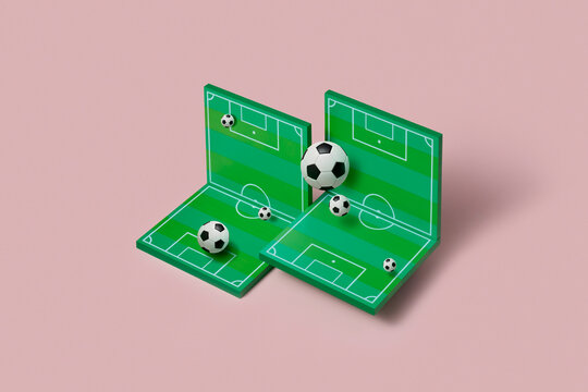 Orange ball bounce path over green soccer field