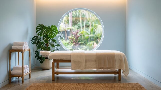 Serene massage room with a round window overlooking a lush tropical garden and a massage table with towels