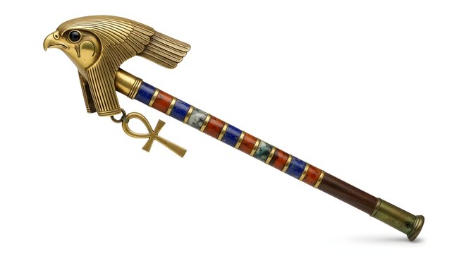 Egyptian gold ankh sceptre, pharaonic bird head staff, colorful ancient symbol