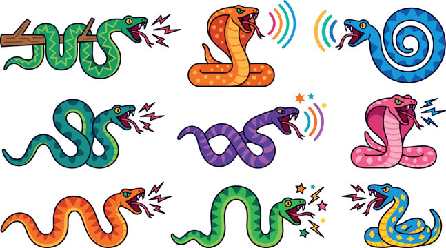 Angry Hissing Snake and Cobra Character Icon Set with Poisonous Reptiles and Venomous Serpents for Wild Animal Mascot Tattoo Designs Vector Illustration