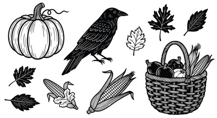 Obraz premium Vintage Illustration of Autumn Harvest Elements and a Crow.