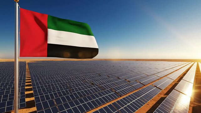 Uae flag waving over solar power plant in desert at sunset, renewable energy concept united arab emirates