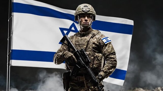 Israeli soldier standing guard with national flag and smoke in the background during a tense moment