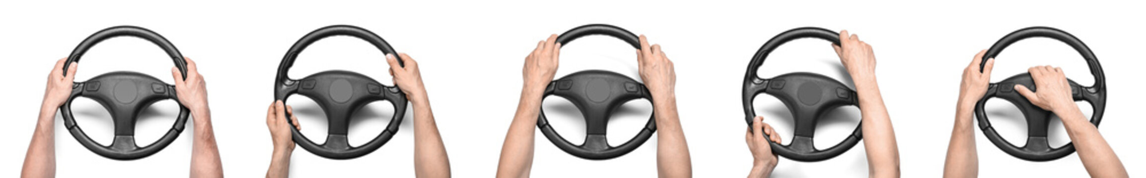 Set of drivers hands with steering wheels on white background