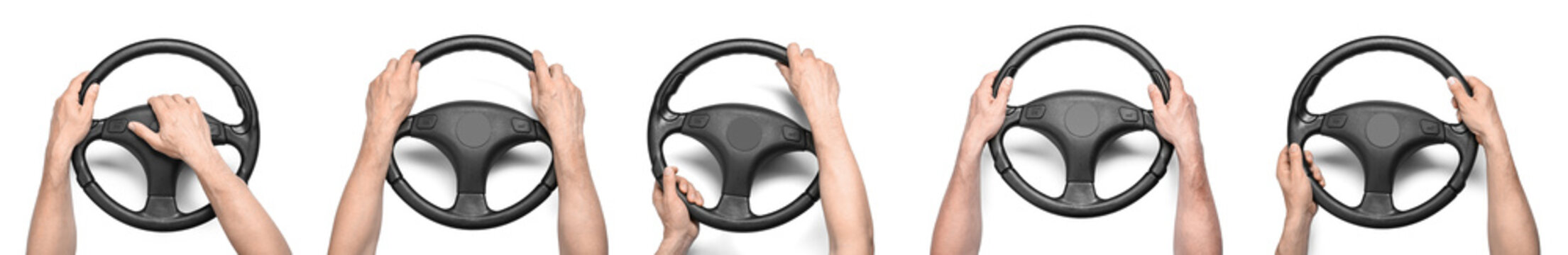 Set of drivers hands with steering wheels on white background
