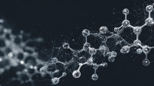 Dynamic molecular chemistry concept with sketchy structural lines on a dark scientific background, featuring abstract atoms, bonds, and technical patterns forming a complex conceptual framework.