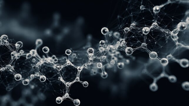 Dynamic molecular chemistry concept with sketchy structural lines on a dark scientific background, featuring abstract atoms, bonds, and technical patterns forming a complex conceptual framework.