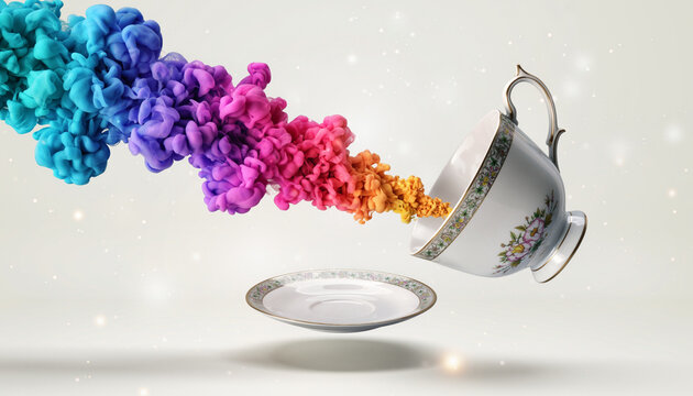 Surreal floating teacup with swirling cosmic nebula colors and sparkling gemstones in a dreamlike abstract painting composition