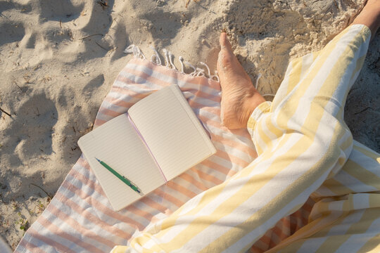 Woman with Blank Notebook Summer Beach Outdoors
