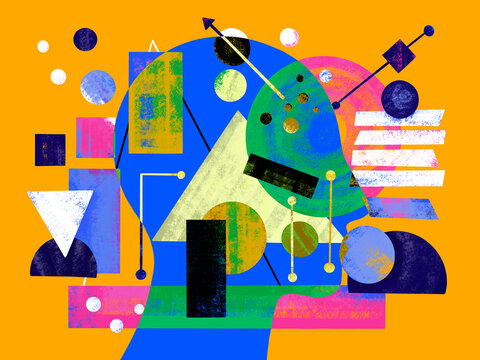 Colorful abstract design with head and geometric shapes