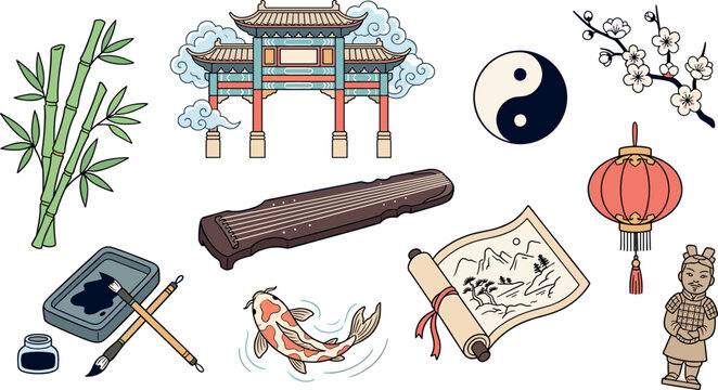 Traditional Chinese Cultural Heritage Element Set with Temple Gate, Guqin, Calligraphy Ink, Koi Fish, Yin Yang, and Terracotta Warrior Vector Illustration