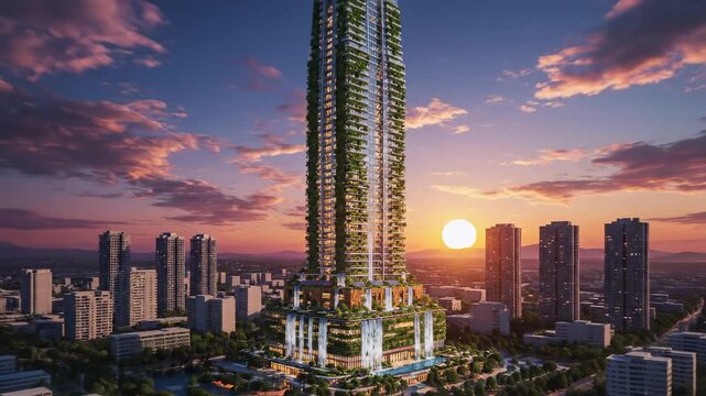 Futuristic eco-friendly skyscraper covered in lush vertical gardens and waterfalls, sustainable urban living concept with solar panels, modern architecture in a city skyline