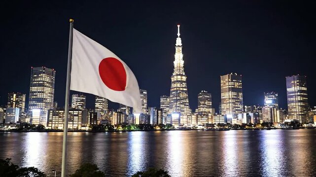 Japan national flag waving over tokyo skyline at night with illuminated skyscrapers and waterfront reflection