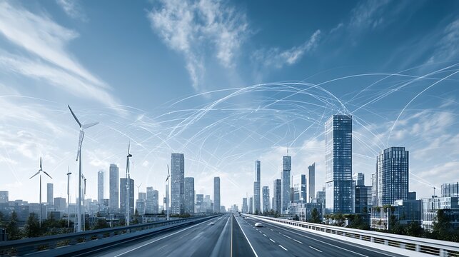 AI-driven smart city under blue sky, intelligent traffic control, connected skyscrapers, renewable energy integration,
