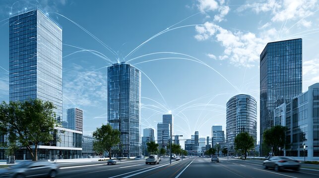 AI-driven smart city under blue sky, intelligent traffic control, connected skyscrapers, renewable energy integration,