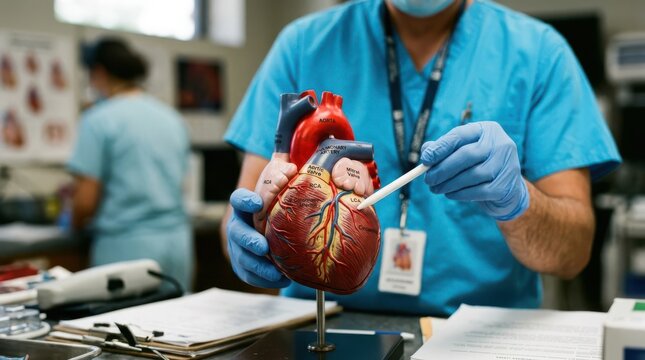 Medical professional pointing to human heart model explaining coronary arteries and heart function.