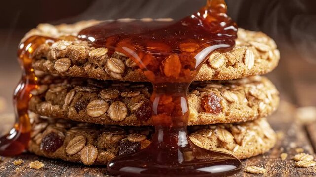 Oatmeal raisin cookies stacked and drizzled with caramel