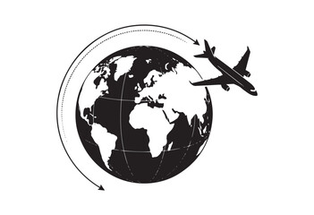 Naklejka premium Globe with airplane silhouette. Airplane silhouette flying around globe.