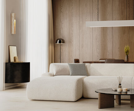 Modern living room with textured sofa and wooden wall panel, 3d